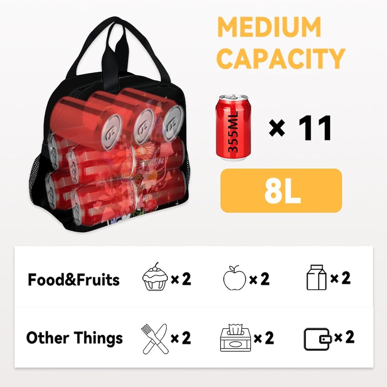 Lonchera de mariposa para niñas y mujeres, bolsas de almuerzo reutilizables aisladas con asa – Pequeña lonchera negra linda para niños – Ideal para