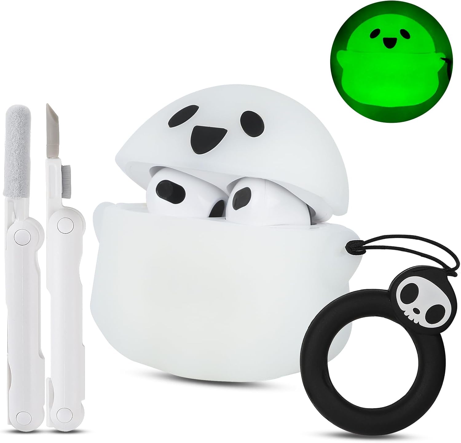 Funda de carga compatible con Apple AirPods de 3 generación con kit de limpieza, brilla en la oscuridad, divertido anime 3D Halloween, fantasma,