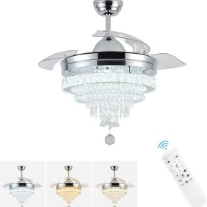 FRIXCHUR Ventiladores de techo de 42 pulgadas, candelabros regulables, lámparas LED de cristal con luces y control remoto retráctil, ventilador de FRIXCHUR Ventiladores de techo de 42 pulgadas, candelabros regulables, lámparas LED de cristal con luces y control remoto retráctil, ventilador de