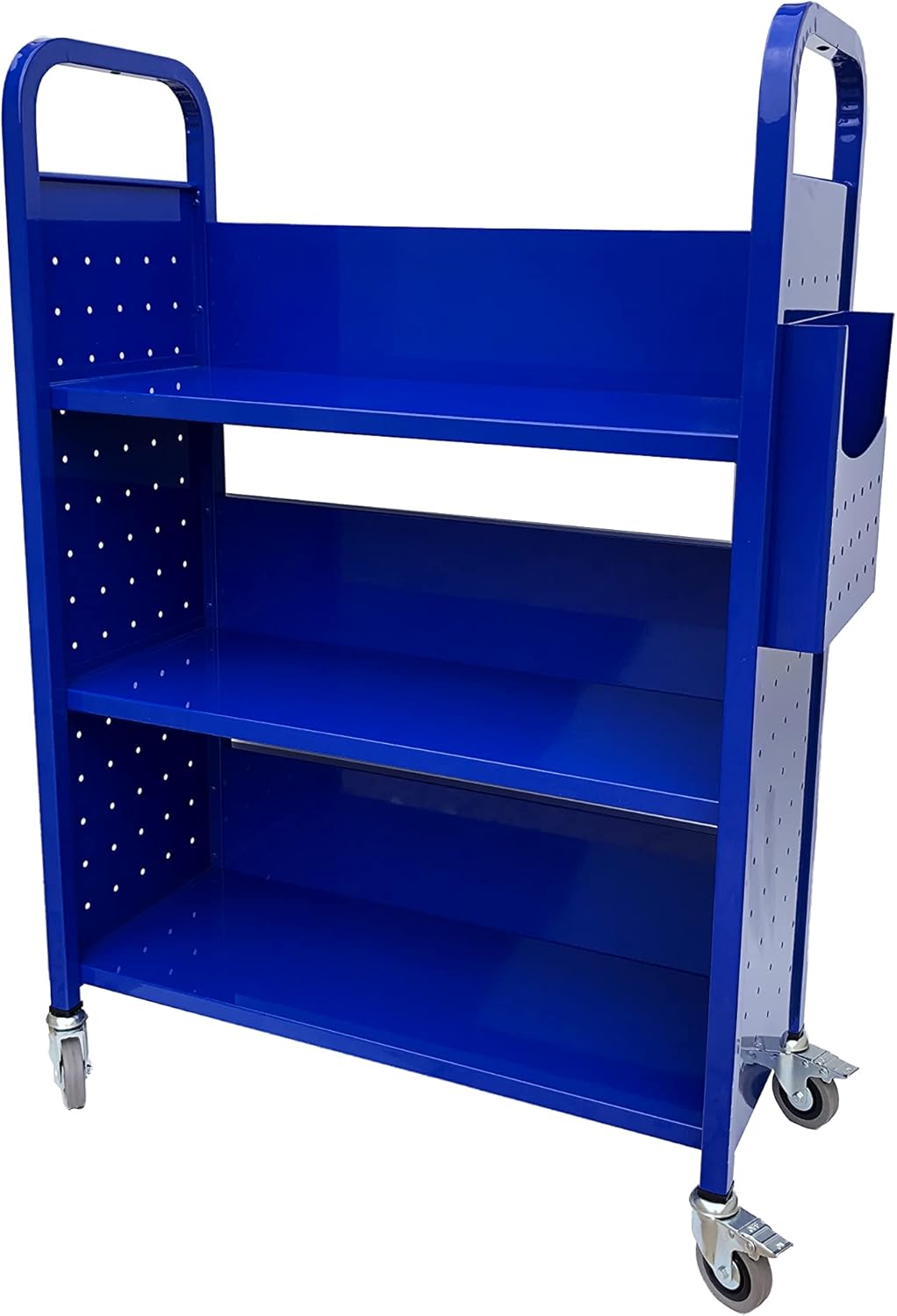 Carrito de libros con 3 estantes planos, carrito de libros de biblioteca con ruedas giratorias bloqueables 3001 azul