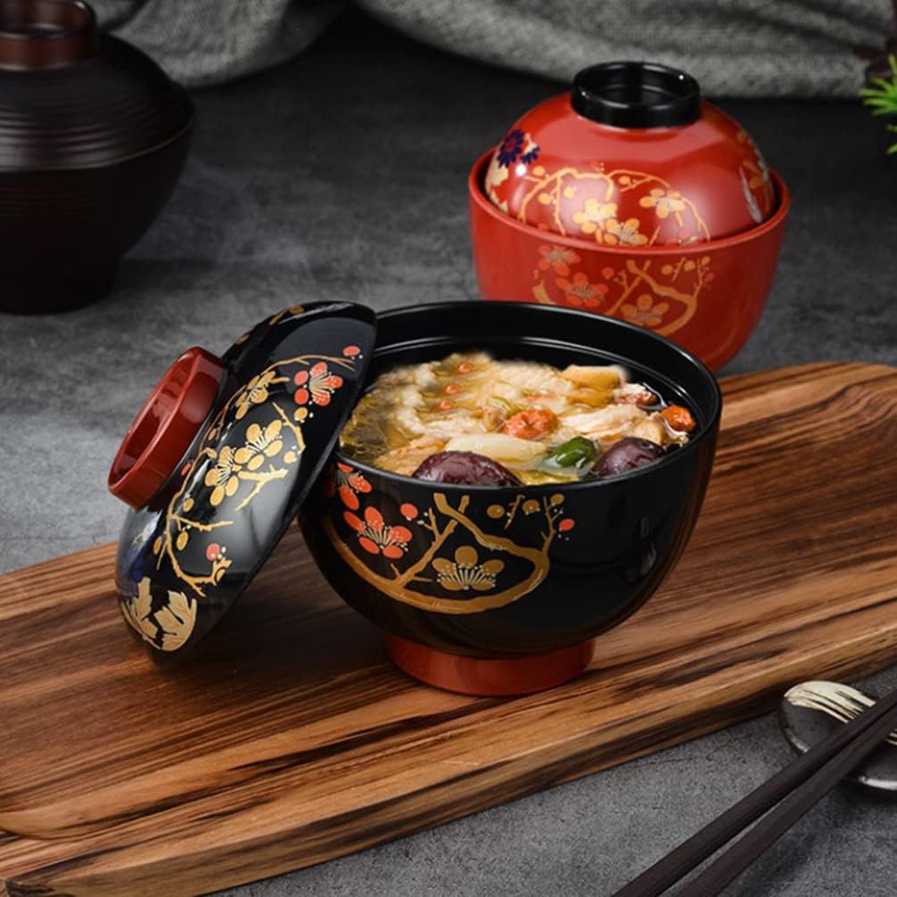 Hemoton Cuenco de sopa de cebolla francesa Cuenco de sopa de miso con tapa, cuenco de fideos de melamina japonesa, cuenco de arroz, cuenco de postre