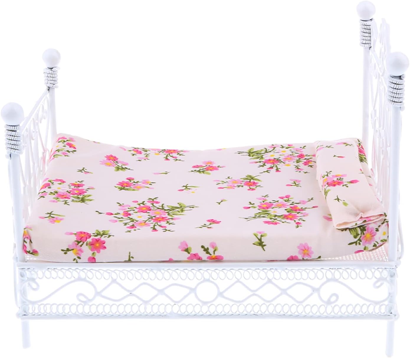 Cama de casa de muñecas de estilo europeo con colchón y almohada 1 a escala 12, casa de muñecas, muebles de casa de muñecas en miniatura, decoración