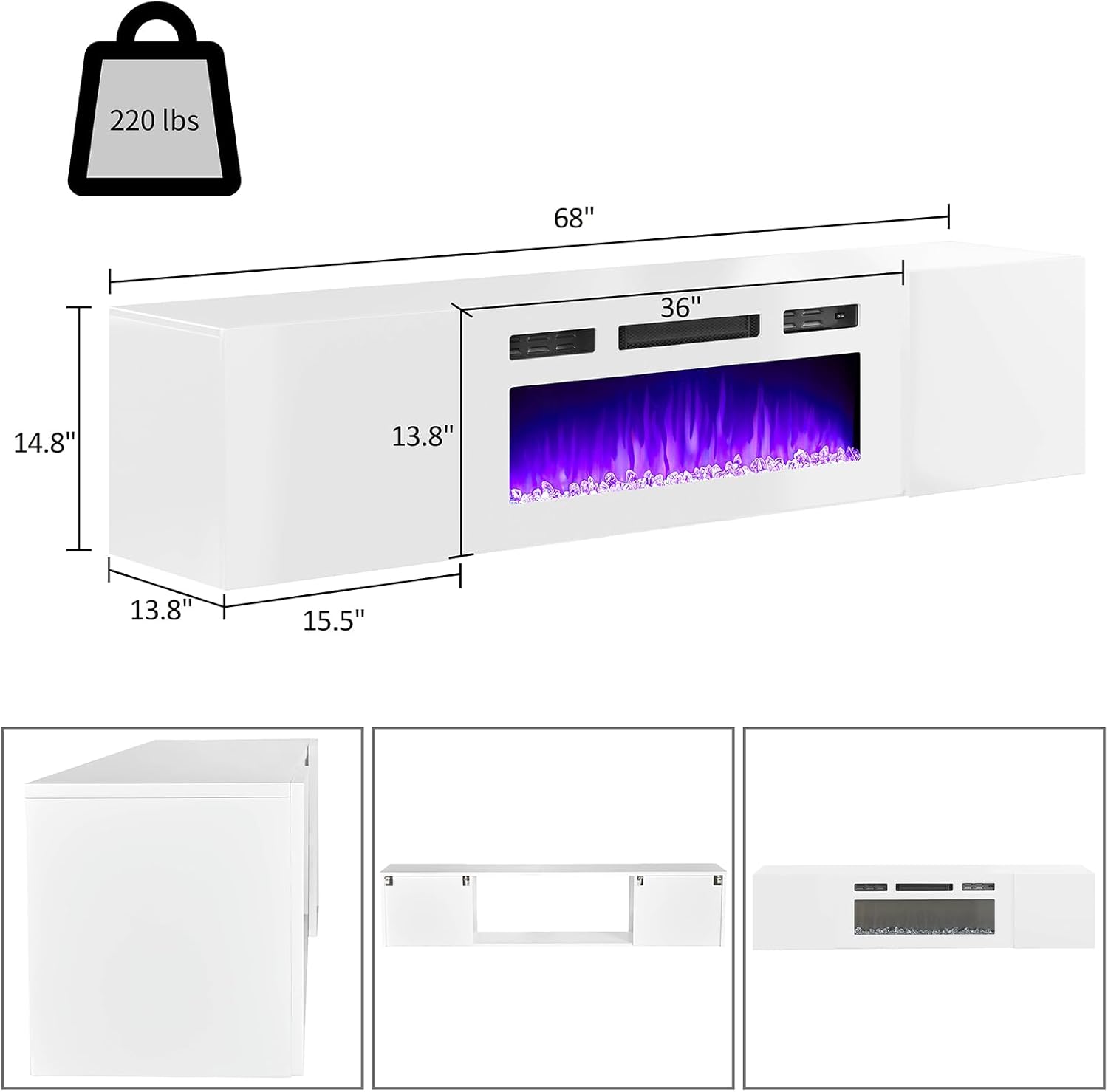 AMERLIFE Soporte de TV flotante con chimenea eléctrica de 36 pulgadas, acabado brillante, centro de entretenimiento con chimenea con almacenamiento