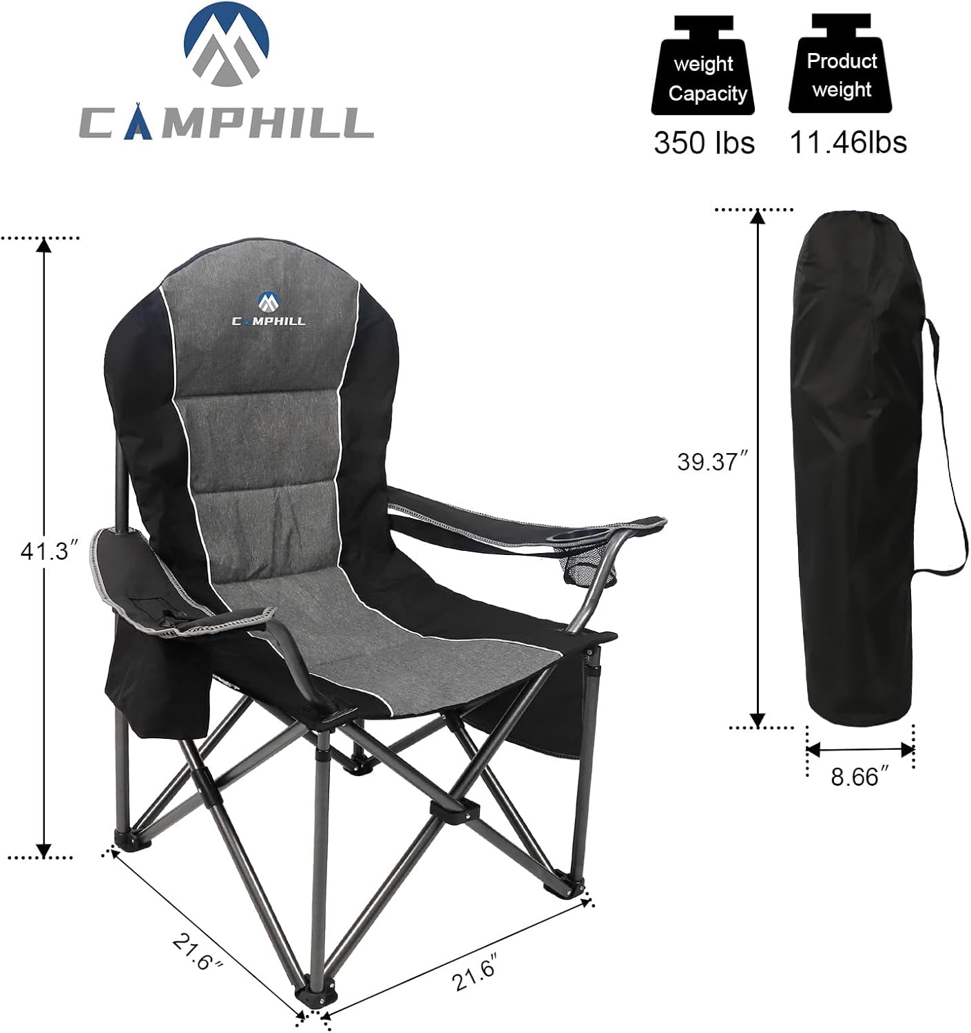 Silla de camping, sillas de camping plegables para personas pesadas con portavasos y bolsa enfriadora, silla plegable para acampar con bolsillo para