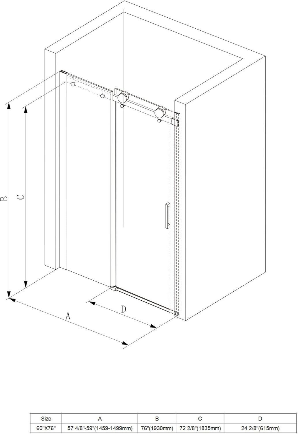Sunrosa Puerta de ducha de vidrio semirmarco, 60 pulgadas de ancho x 76 pulgadas de alto, puerta de ducha deslizante de vidrio templado transparente