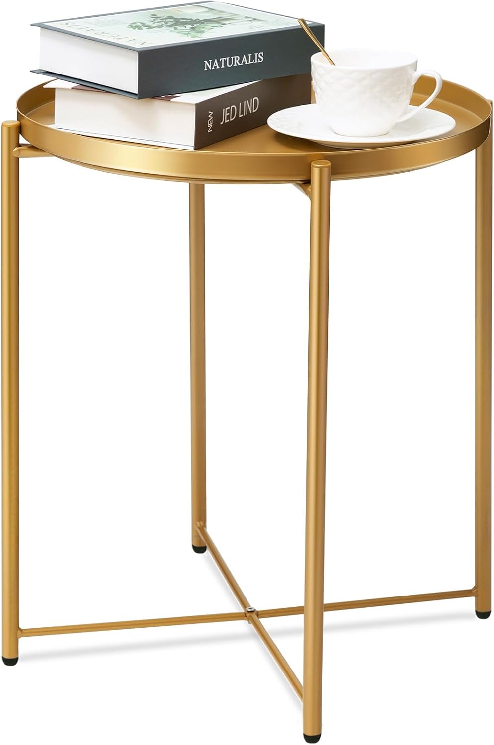 danpinera Paquete de 2 mesas auxiliares doradas, mesa auxiliar dorada para espacios pequeños, mesa decorativa redonda de metal para patio, bandeja
