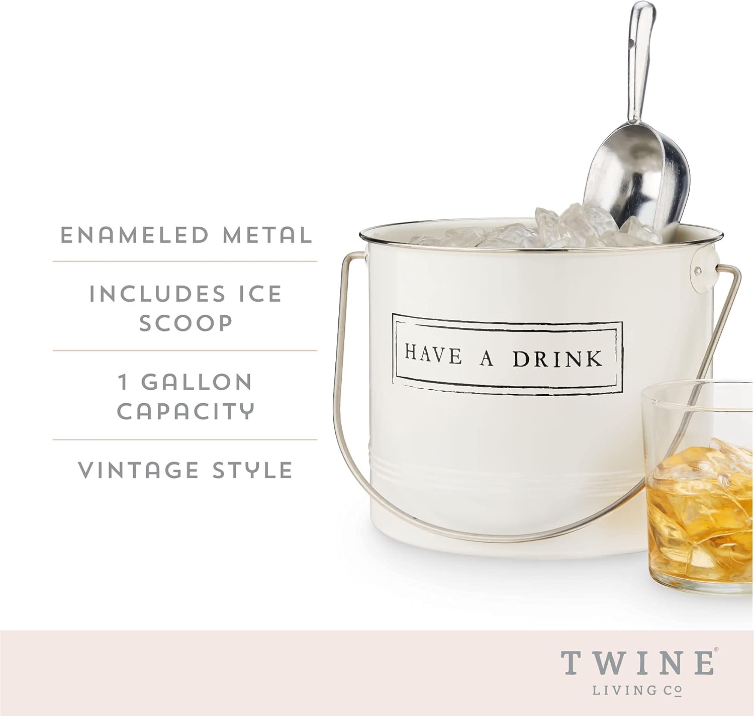 Twine Have A Drink – Cubo de hielo y cuchara de metal esmaltado blanco para fiestas, botella de vino y botella de cerveza en 1 galón
