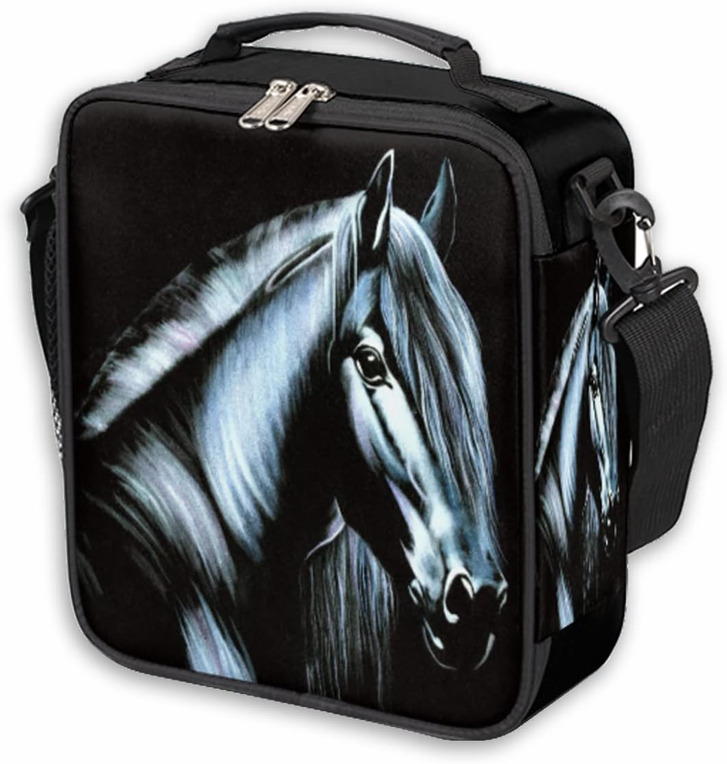 Pardick Lonchera térmica con diseño de caballo negro para niños, niñas, mujeres y hombres, con correa para el hombro, duradera, reutilizable,