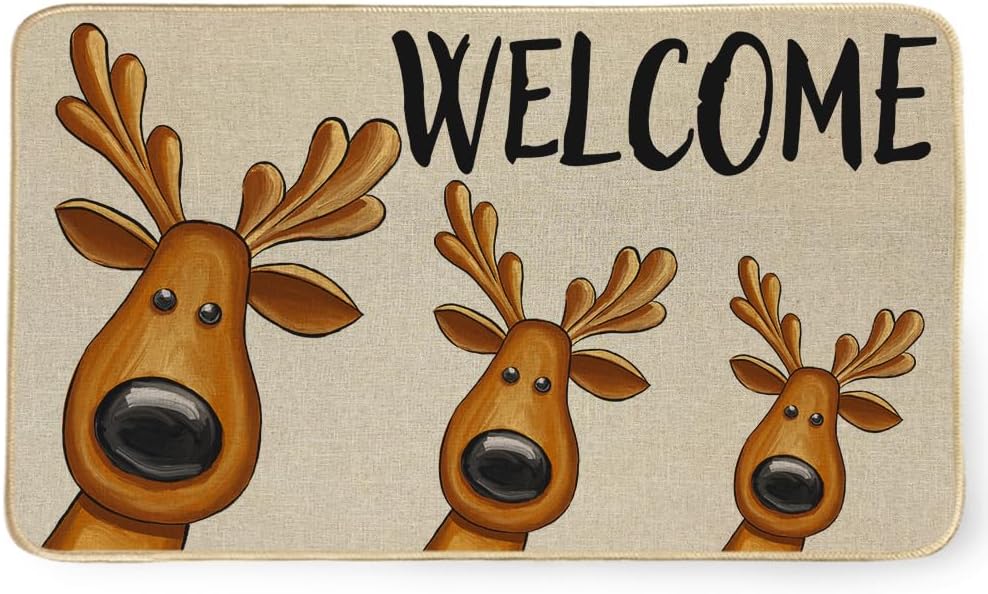 Tapete de bienvenida con ciervos de Navidad, 17 x 29 pulgadas, tapete decorativo de invierno de temporada, antideslizante y lavable, para interiores