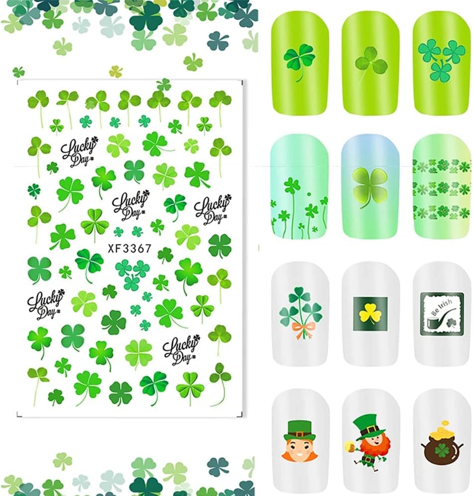 6 hojas de calcomanías para uñas del día de San Patricio, autoadhesivas 3D, trébol, trébol, trébol, verde, irlandés, decoración de uñas, día de San