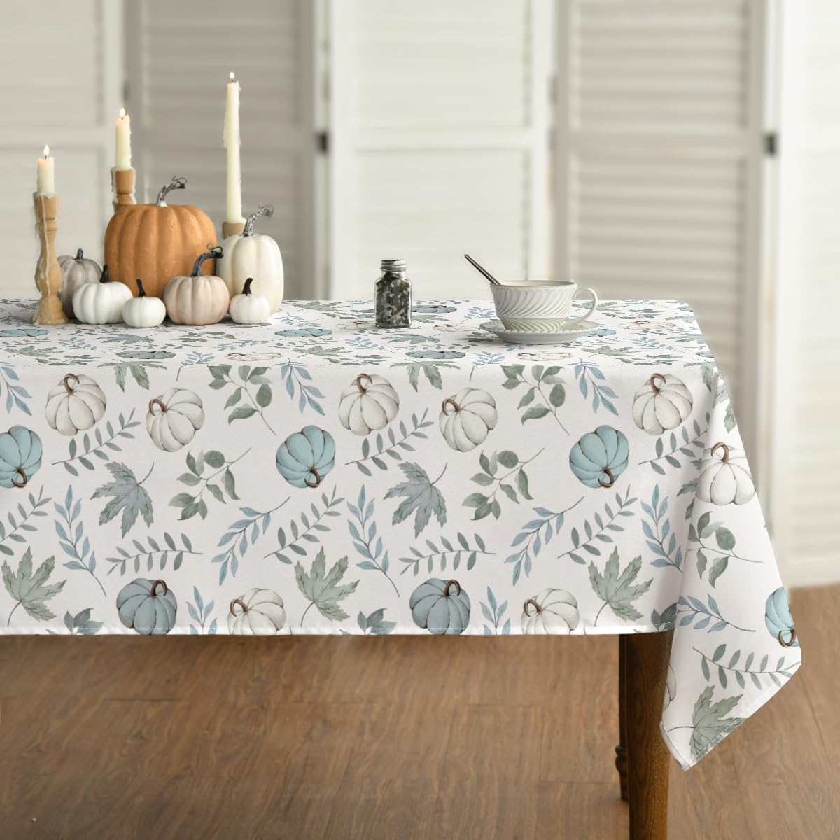 Horaldaily Mantel rectangular de otoño de 60 x 84 pulgadas, diseño de calabazas y hojas azules de cosecha de otoño de Acción de Gracias, para