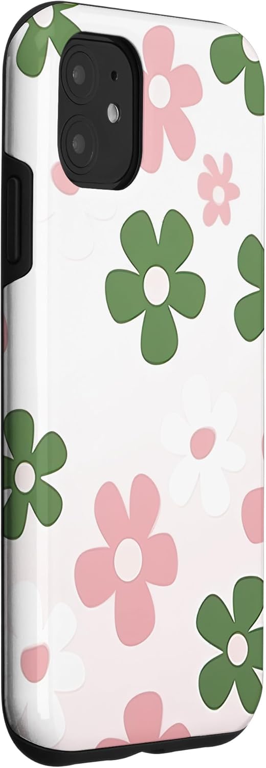 Funda con diseño floral de margaritas verde salvia y rosa para iPhone 11