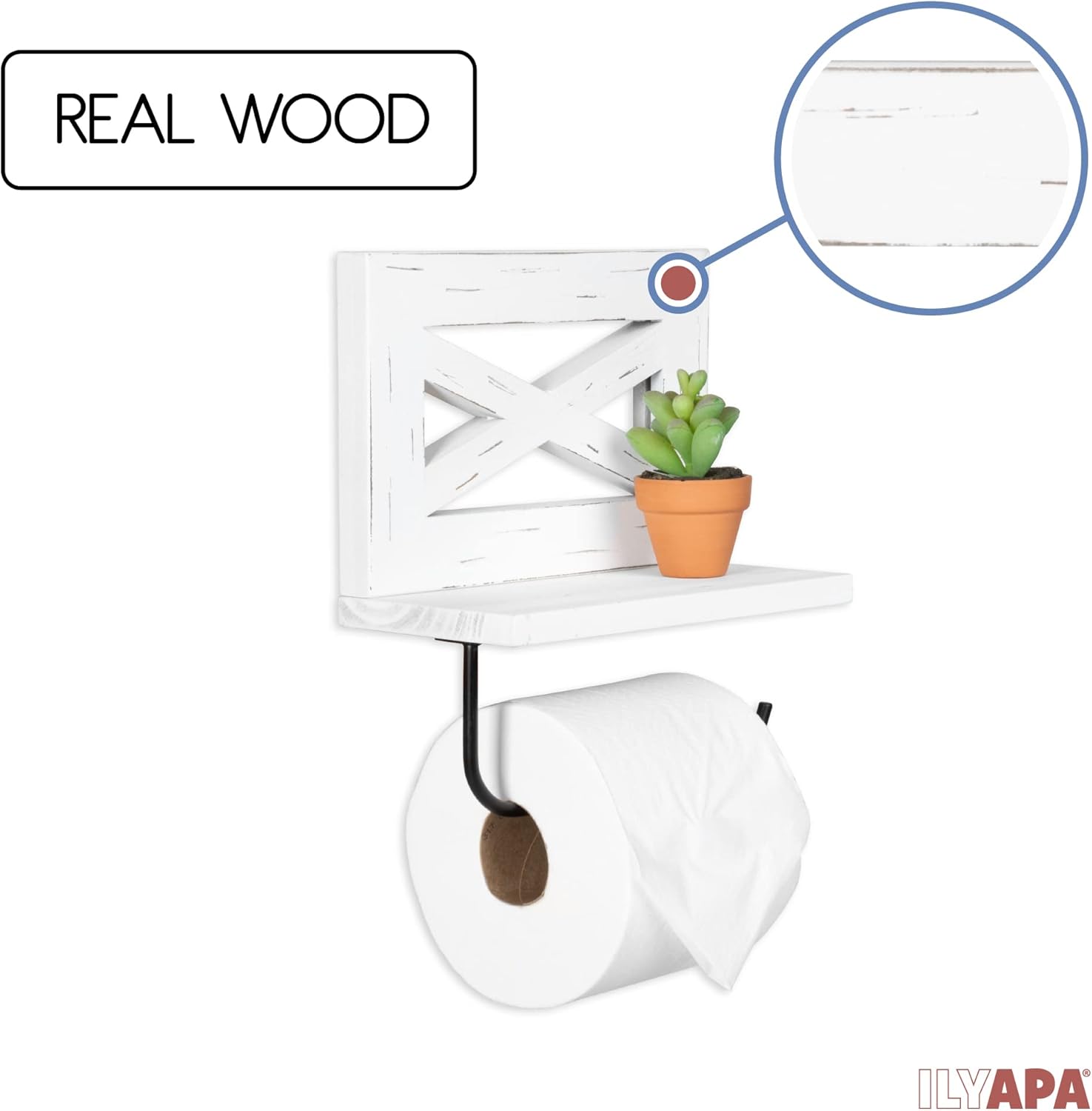 Ilyapa Portarrollos de papel higiénico para baño, de madera rústica, color blanco envejecido, con estante