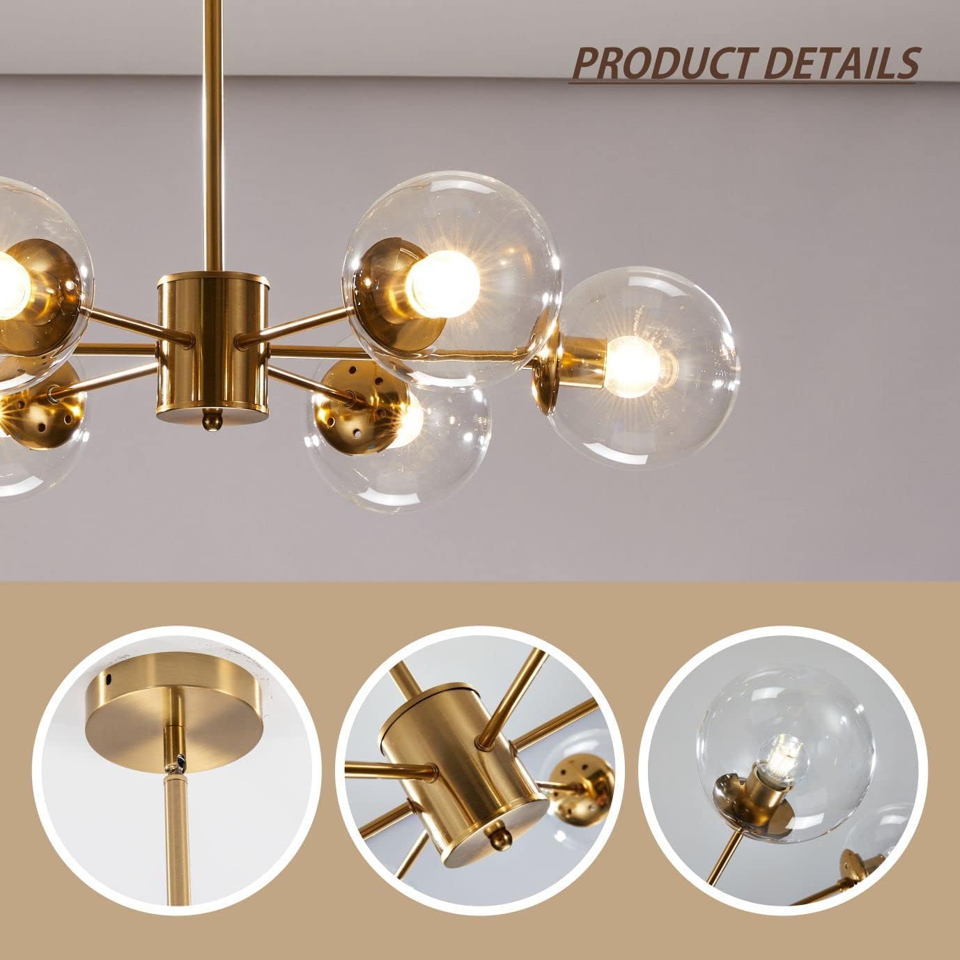 KCO Lighting Modern – Lámpara de araña Sputnik de 6 luces con globo de vidrio transparente, lámpara colgante de techo ajustable de mediados de