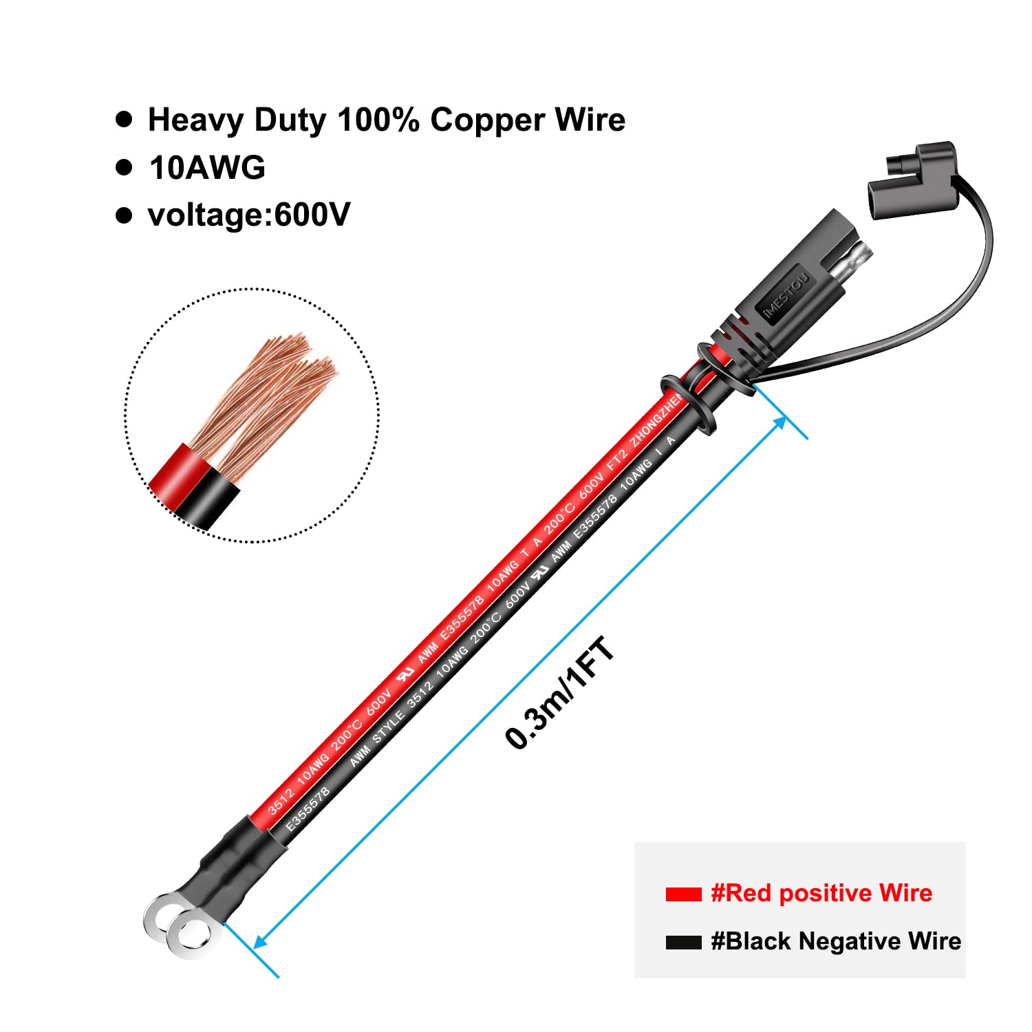 iMESTOU Arnés de terminal SAE a anillo tórico de 10 AWG, enchufe de desconexión rápida de 2 pines, arnés de terminal de ojal, cable de carga, cable