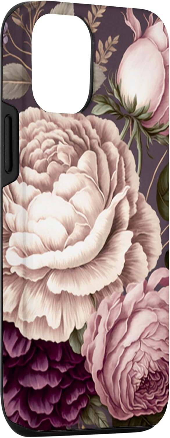 Funda para iPhone 13 Pro Elegant Blush Pink & Purple Vintage Floral Rose & Peony