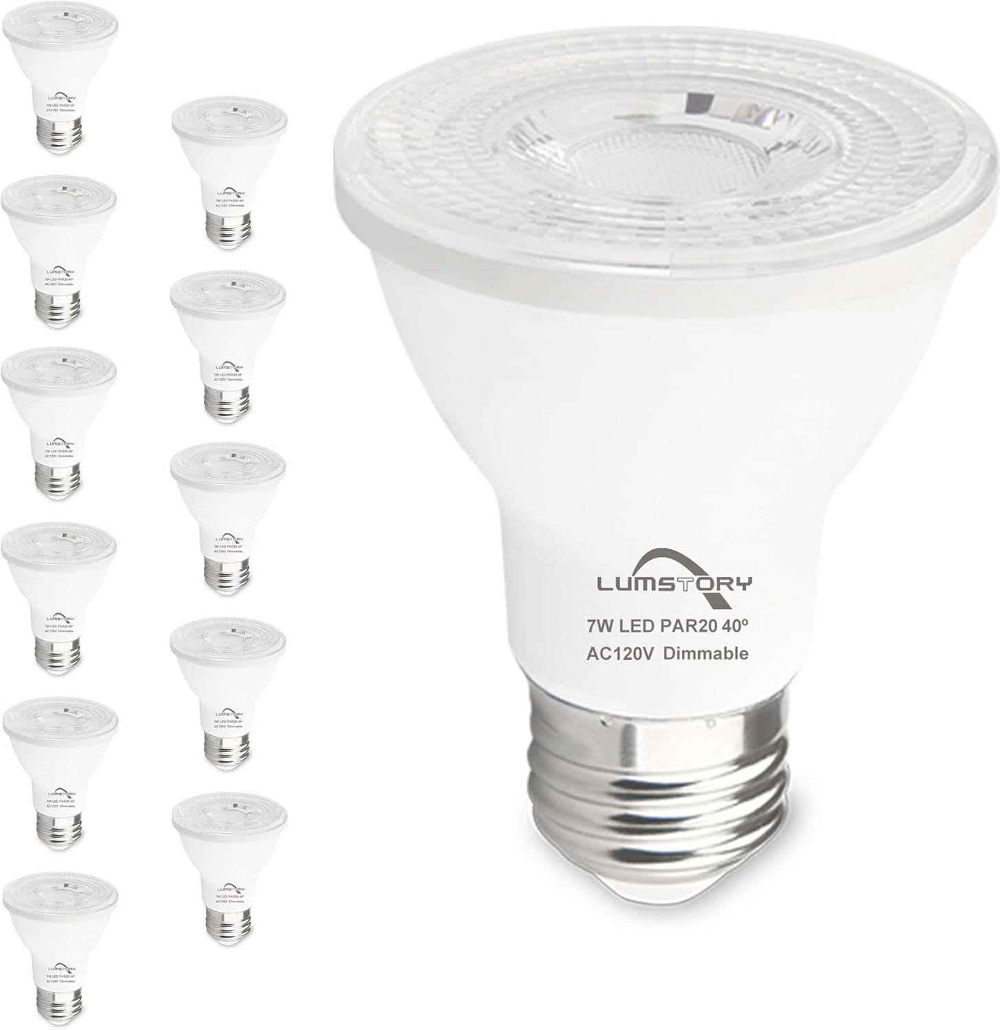 LumStory Paquete de 12 bombillas LED PAR20 de 5000 K, luz diurna blanca, regulable, 7 W, 600 lúmenes, 50 W, 60 W, equivalente a halógeno, foco E26,