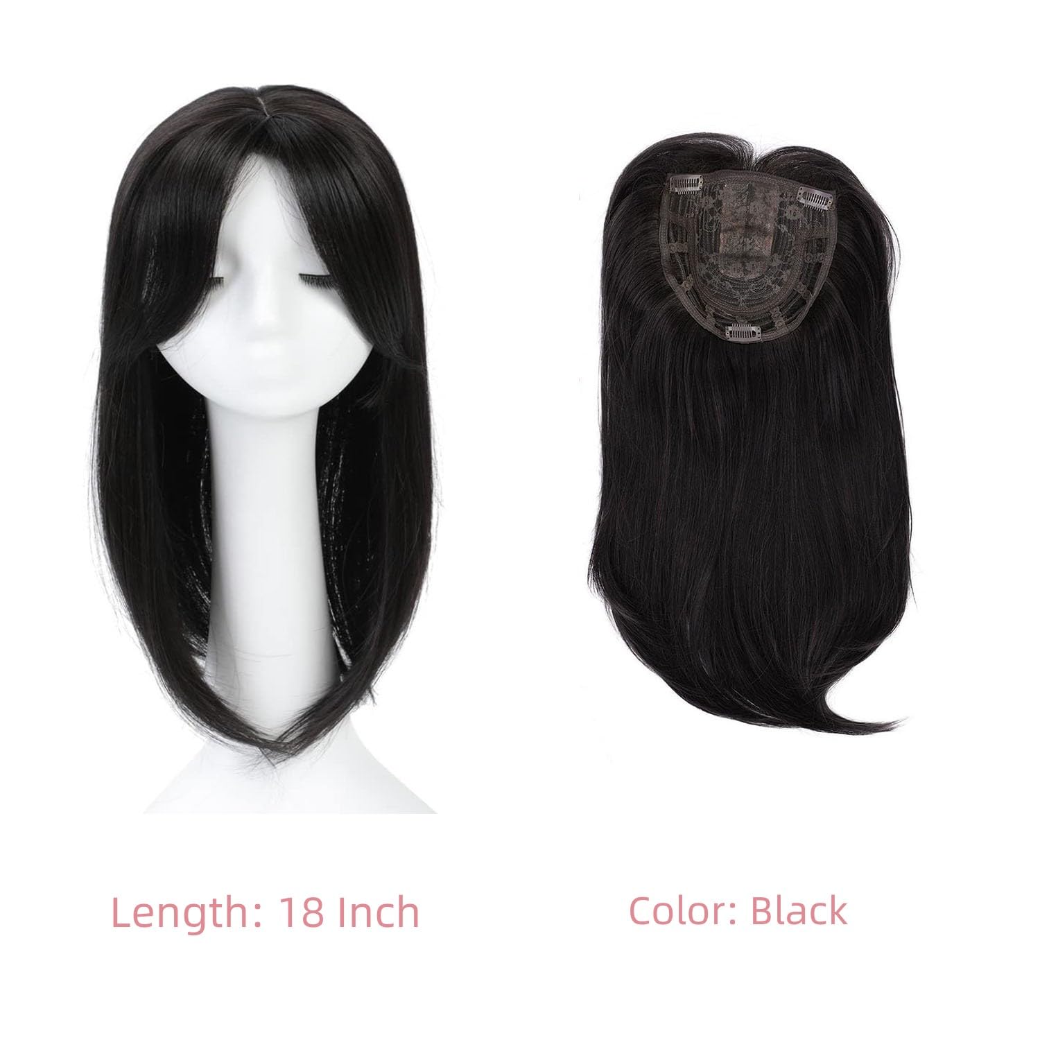 Toppers para el cabello para mujer, 18 pulgadas, peluca para mujer, con flequillo, clips invisibles, pelucas de corona en pieza de cabello sintético