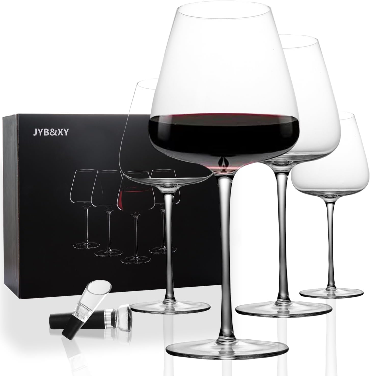 Copas de vino tinto de 21 onzas sopladas a mano de cristal blanco cuadrado de alta calidad, juego de 4 copas de vino grandes únicas de tallo largo