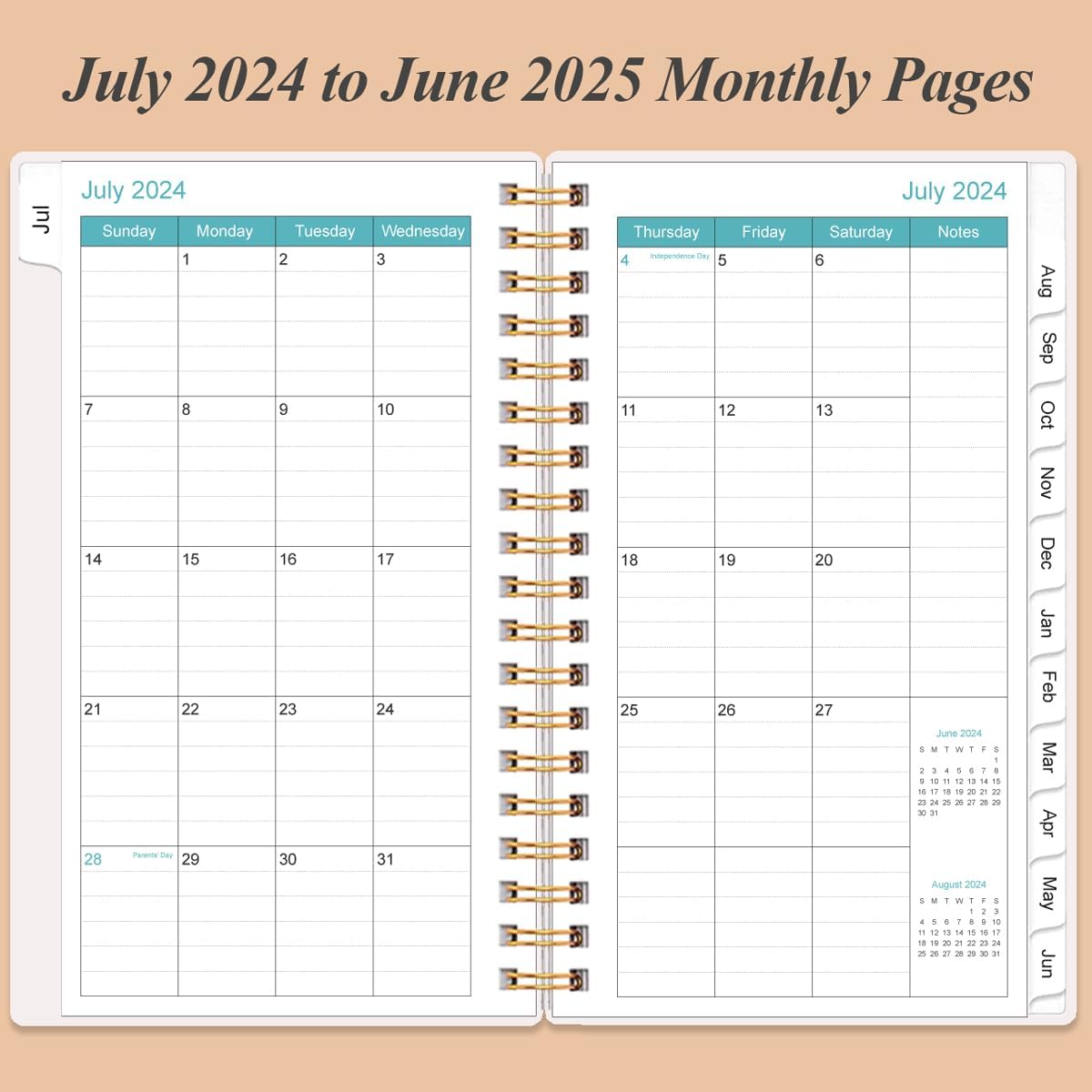 Agenda de bolsillocalendario 2024-2025  Agenda semanal y mensual A6, julio 2024 a junio 2025, 3.75 x 6.75 pulgadas con cubierta flexible, pestañas,