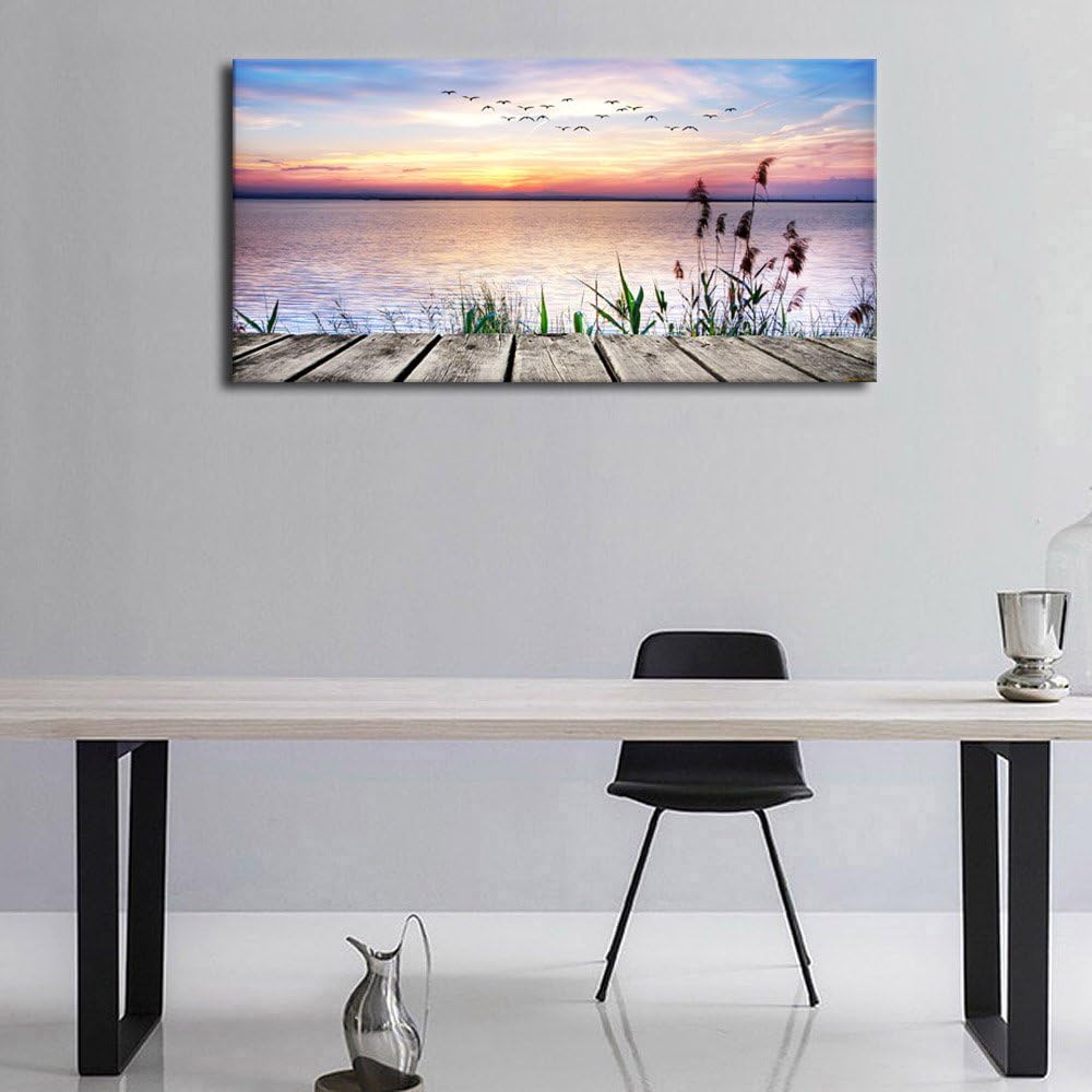 yearainn Lienzo decorativo para pared, lago, muelle, puesta de sol, paisaje con pájaros voladores, obra de arte de lienzo larga, ilustraciones