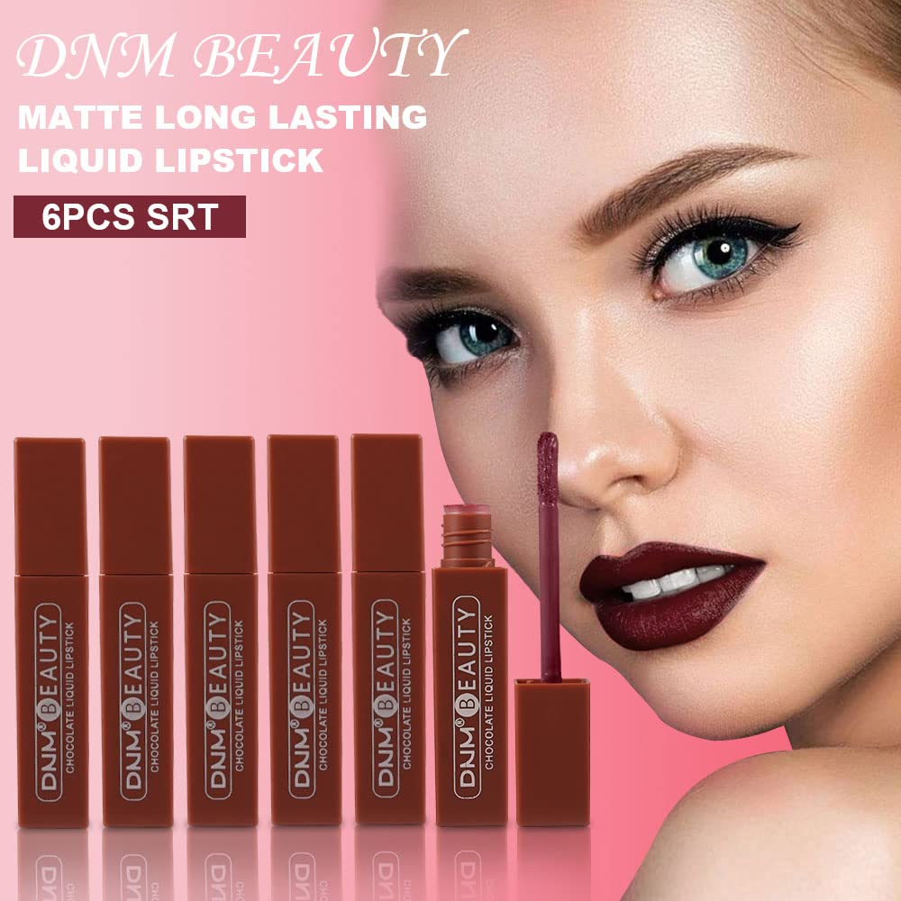 HAOYA Juego de 6 lápices labiales líquidos de chocolate mate, brillo de labios, para mujer, color rojo oscuro profundo, 24 horas permanecen en mate,