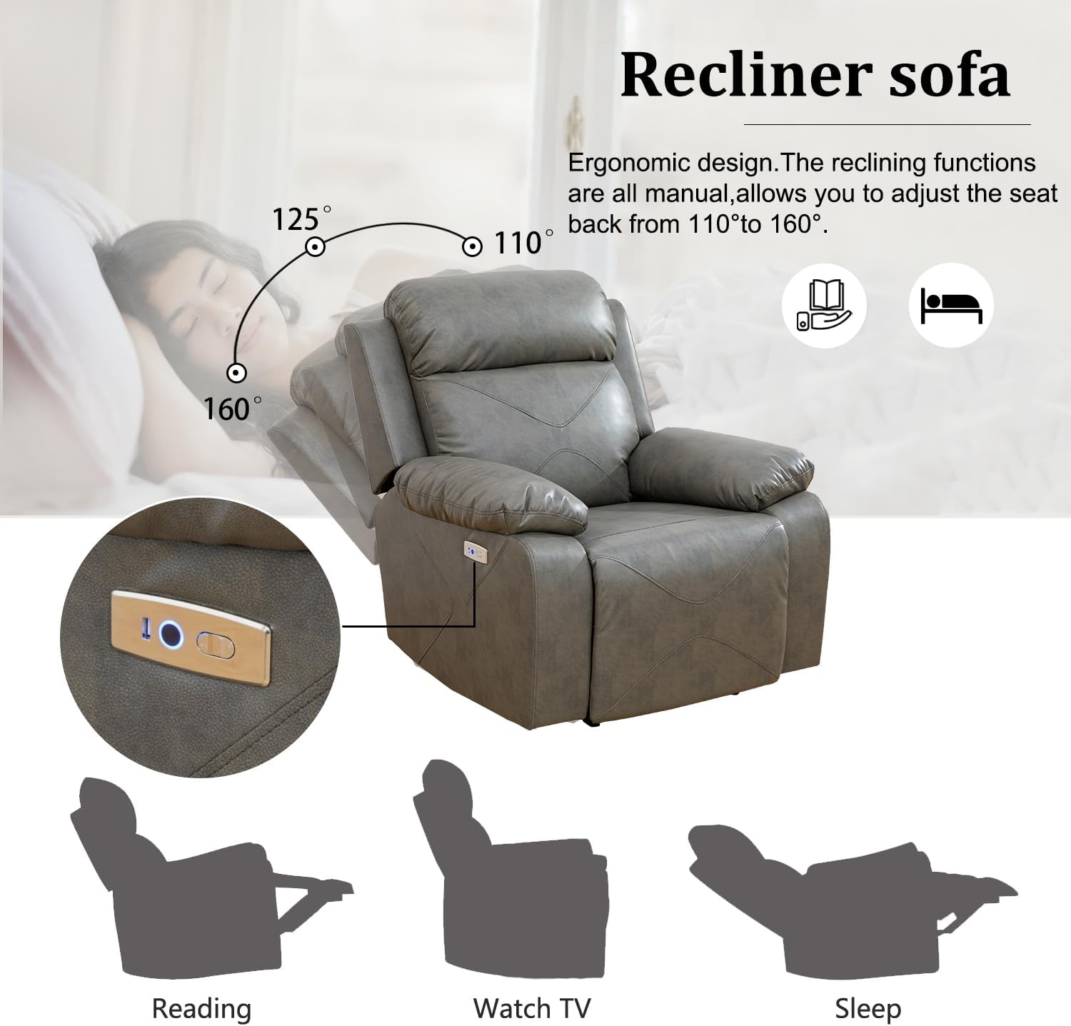 Juego de sofá reclinable de cuero eléctrico con luces LED, juego de muebles de sala de estar, juego de sofá de cuero con puerto USBconsola de