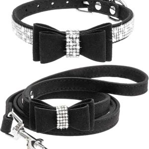 Juego de collar para perro con correa, collares y correas ajustables para perros y gatos con diamantes de imitación y lazo de cristal brillante para Juego de collar para perro con correa, collares y correas ajustables para perros y gatos con diamantes de imitación y lazo de cristal brillante para