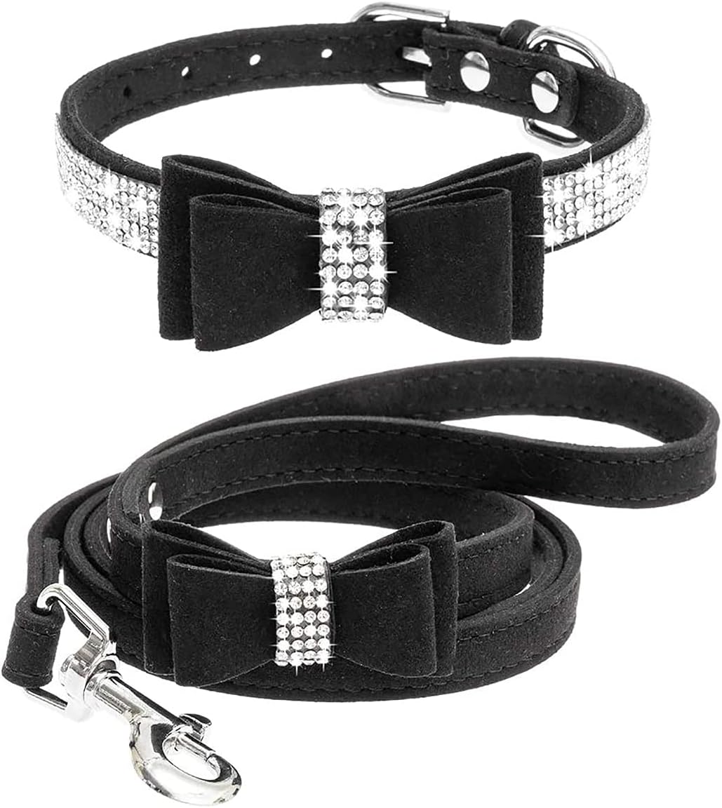 Juego de collar para perro con correa, collares y correas ajustables para perros y gatos con diamantes de imitación y lazo de cristal brillante para