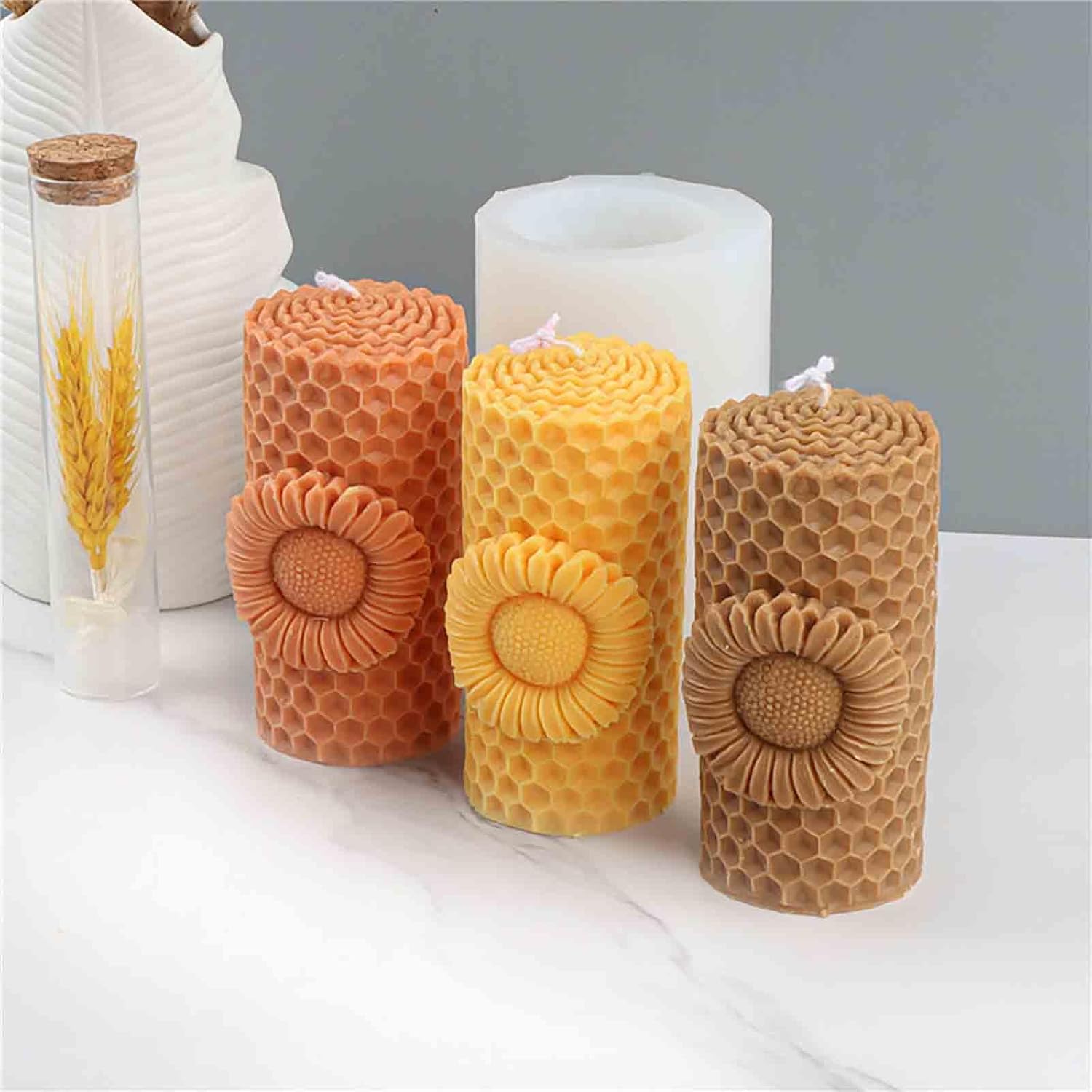 Grainrain Moldes de silicona para velas de cera de abeja 3D con diseño de flor de sol, para hacer velas, cera y jabón, moldes de silicona para velas