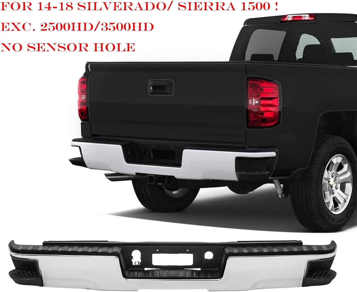 Ensamblaje de parachoques trasero compatible con Chevy Silverado 1500 GMC Sierra 1500 2014-2018 con orificio sin sensor con escalones de esquina,