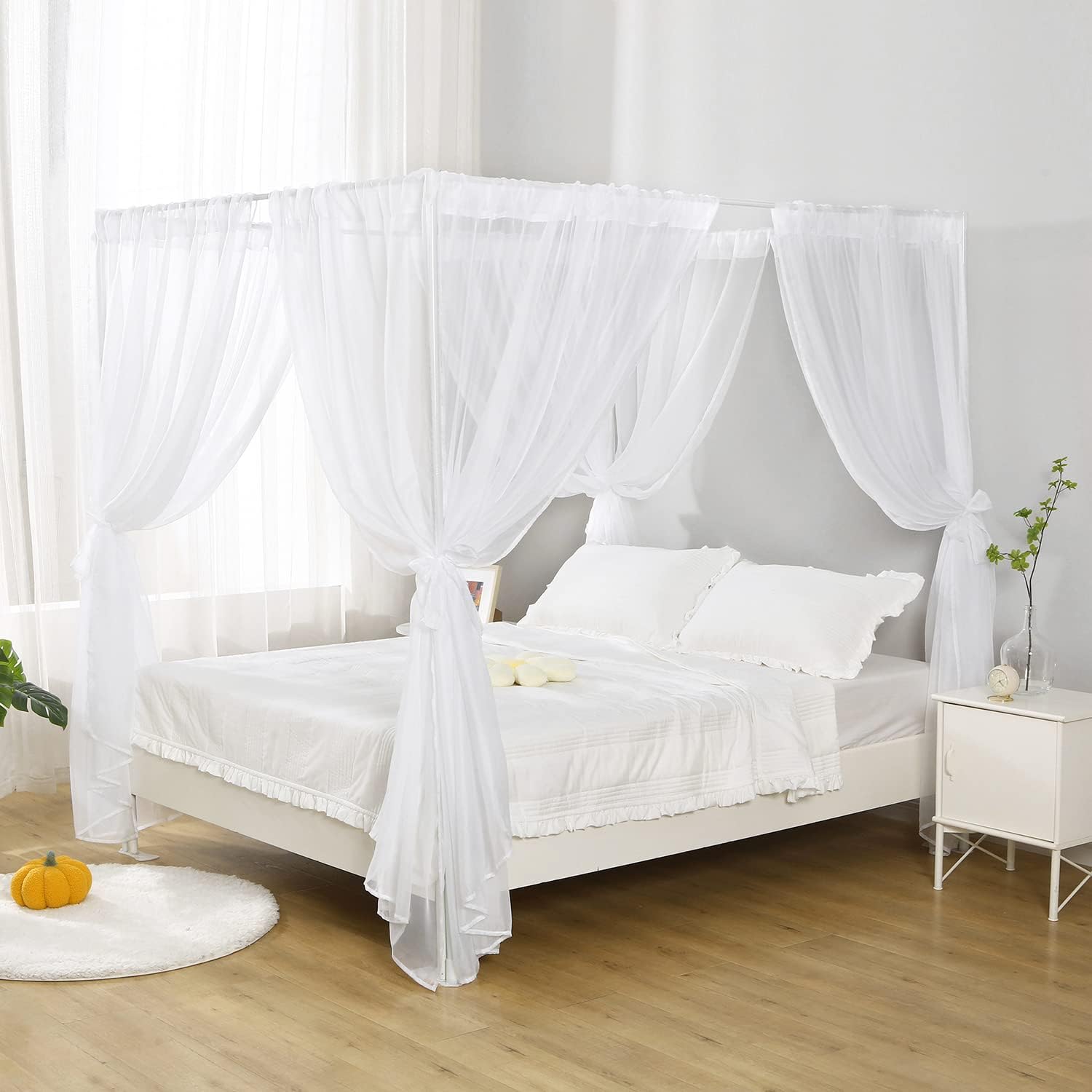 Cortina de cama blanca para cama individual, bufanda suave para niñas y adultos (individual, blanco)