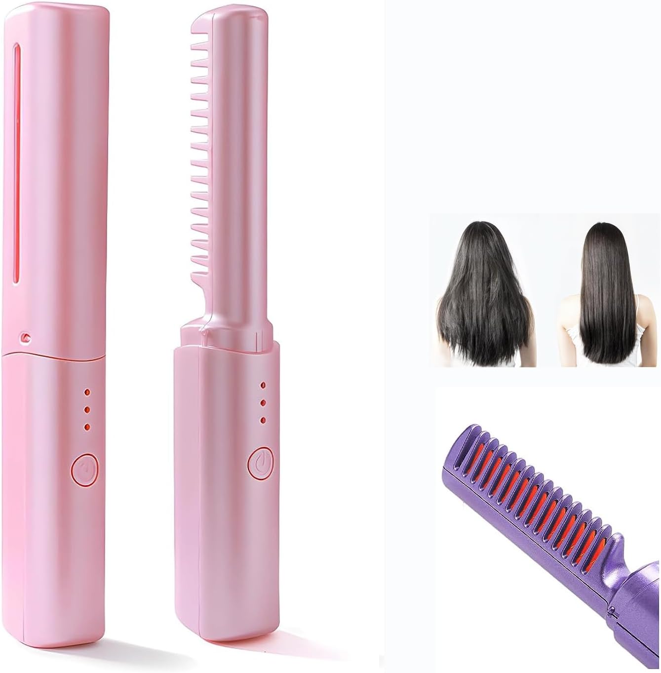 Mini alisadora de pelo recargable, cepillo alisador de pelo de doble propósito enrollado recto, mini cepillo alisador de viaje, plancha plana