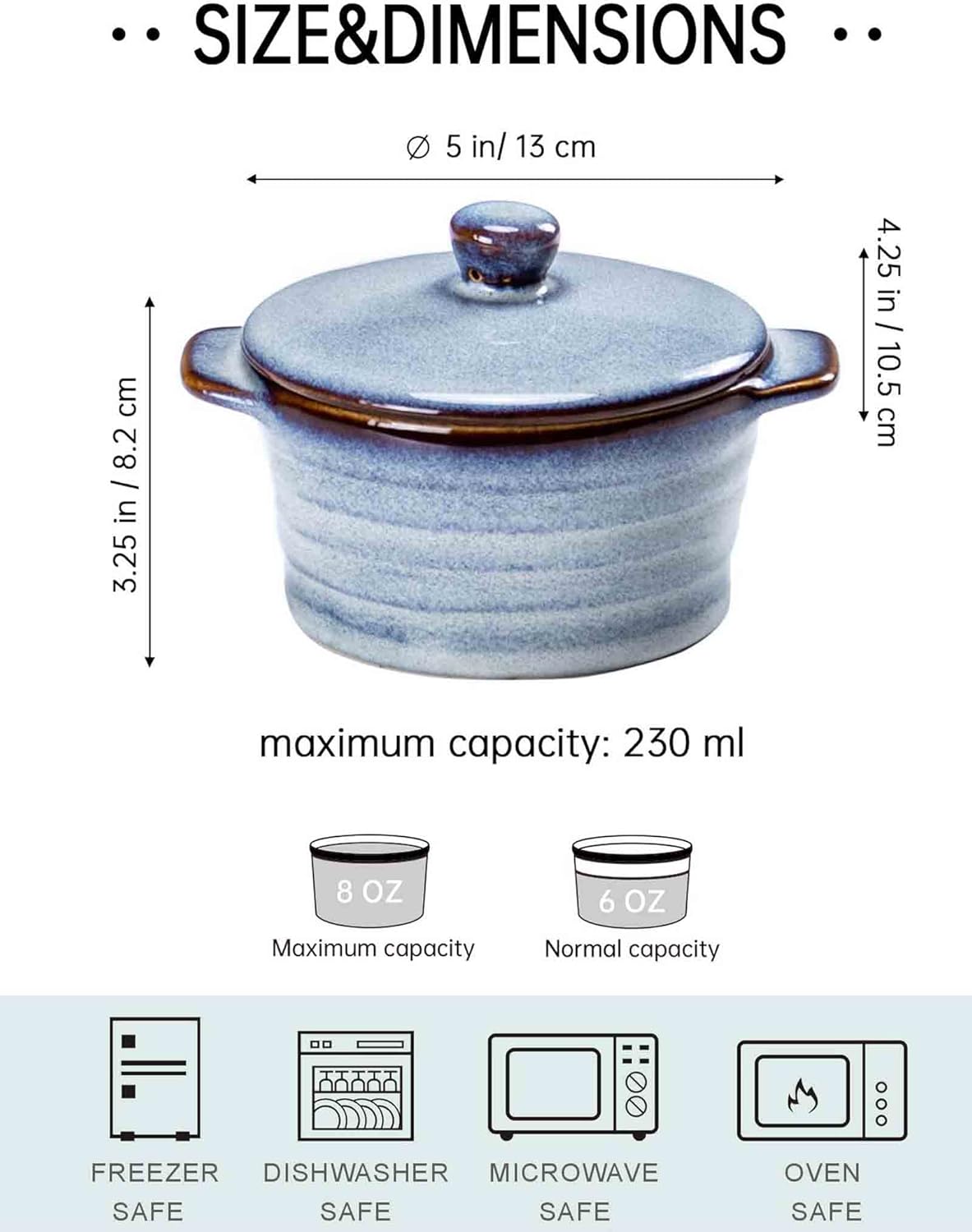 Henten Home Ramequines de cerámica de 8 onzas con tapa, mini cocotte de porcelana con asa, juego de 4, cazuelas de esmalte reactivo para hornear,