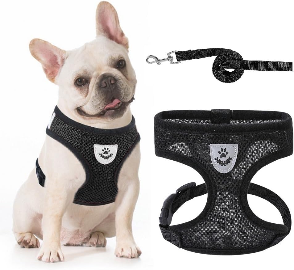 Arnés de malla suave para perro con correa sin tirones, chaleco acolchado cómodo para mascotas pequeñas, gatos y cachorros, negro, S