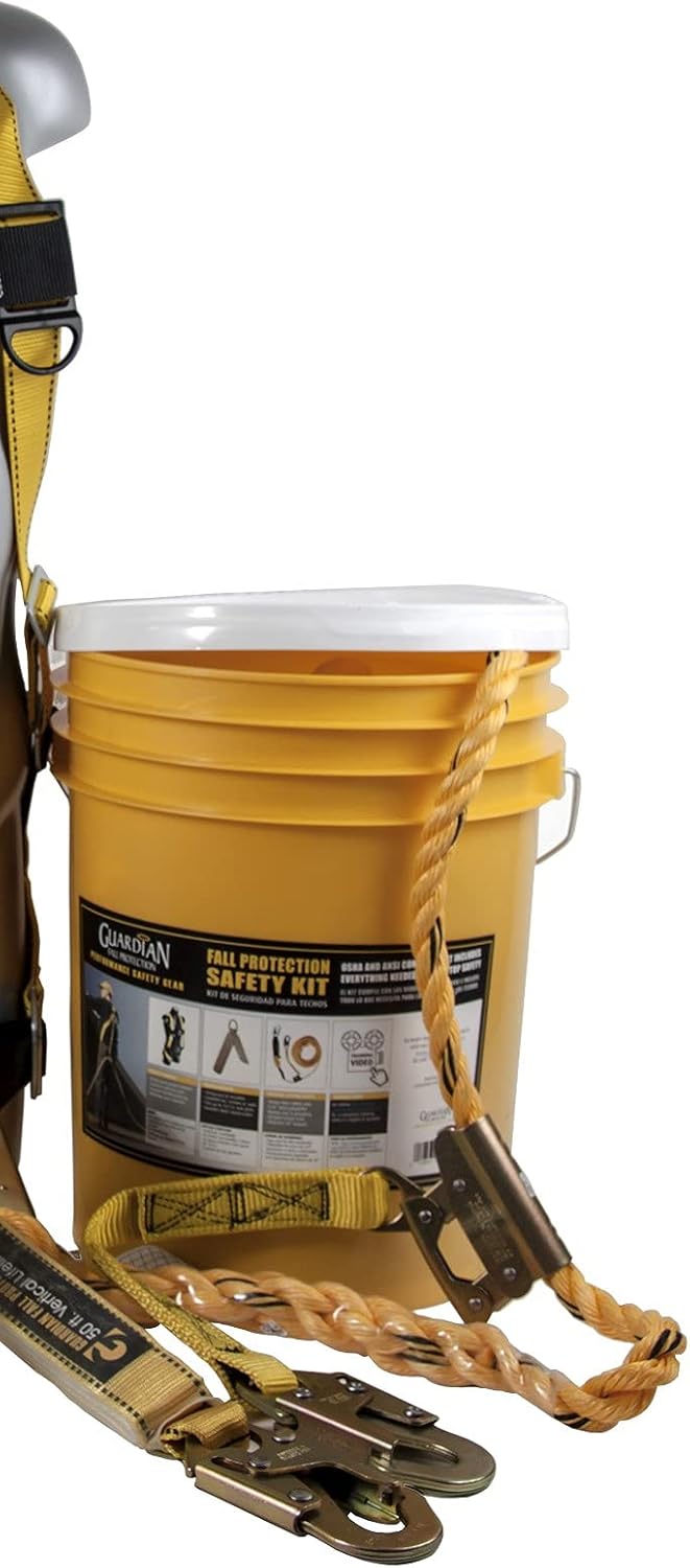 Guardian Fall Protection 00815 BOS-T50 Cubo de seguridad + conjunto de línea de vida vertical VEVOR – Kit de seguridad para techos con arnés,