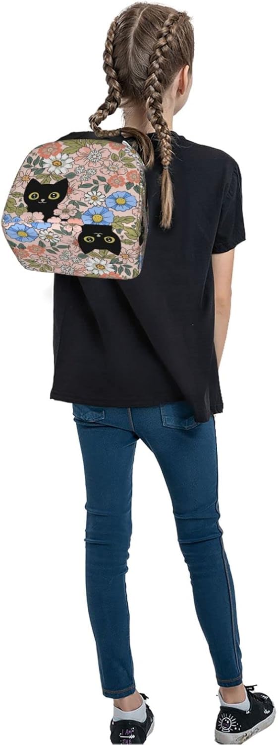 HIZUWKY Lonchera con diseño floral de gato negro, reutilizable, aislada, para adolescentes, niñas, niños, mujeres, para escuela, viajes, picnic,