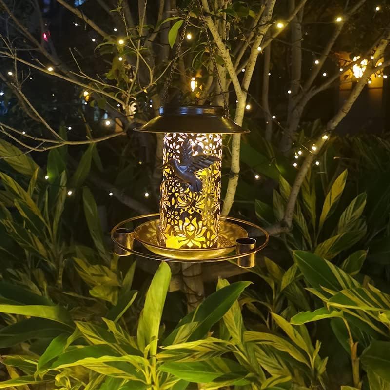 Comedero solar para pájaros para colgar al aire libre, comedero de colibríes, metal solar impermeable para exteriores, comederos cardenales, luz