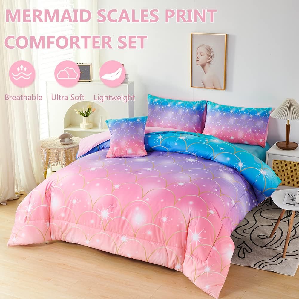 PERFEMET Juego de edredón de tamaño matrimonial con estampado de sirena para niñas, juego de ropa de cama colorido de teñido anudado para niñas