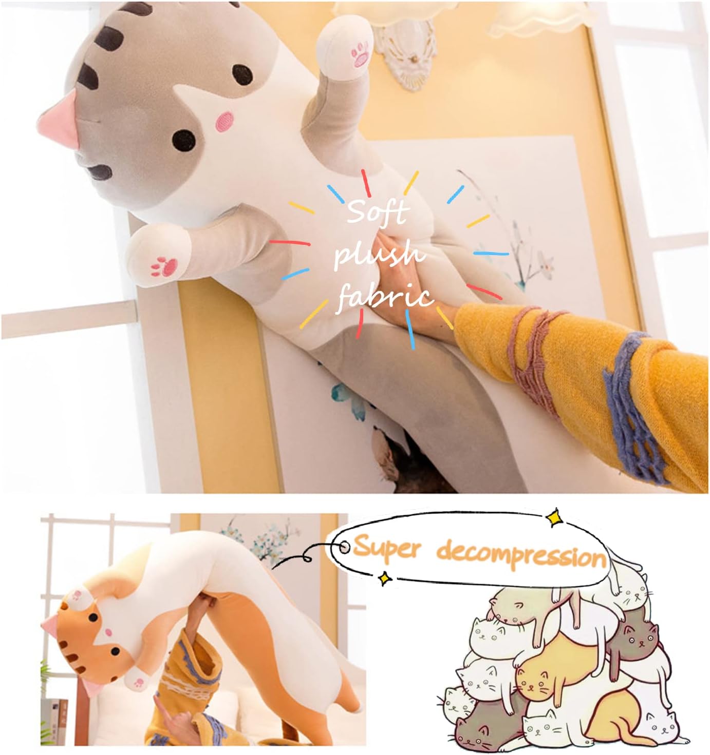 Almohada suave de felpa larga para gatos, almohada de algodón para dormir, almohada de gatito de peluche, regalo para niños y novias (35.4