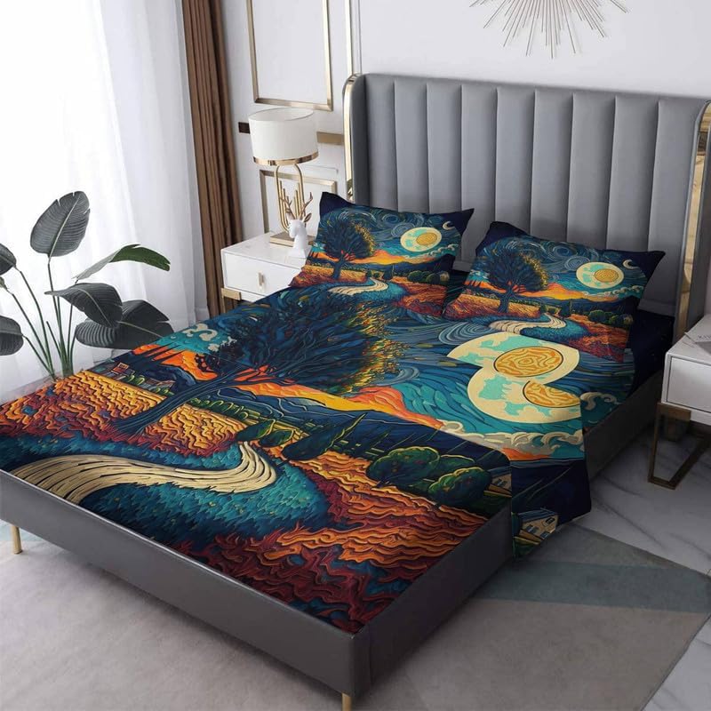 zcsm Sábanas abstractas tamaño Queen  Sábanas de cama de cielo estrellado de 4 piezas y bolsillo profundo de 16 pulgadas, sábanas de microfibra