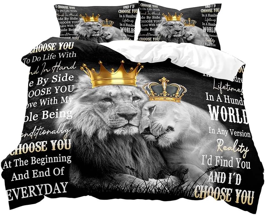 LUVIVIHOME Juego de funda de edredón de 3 piezas, tamaño matrimonial, color negro, tamaño King y Queen, diseño de animales de safari, para parejas,