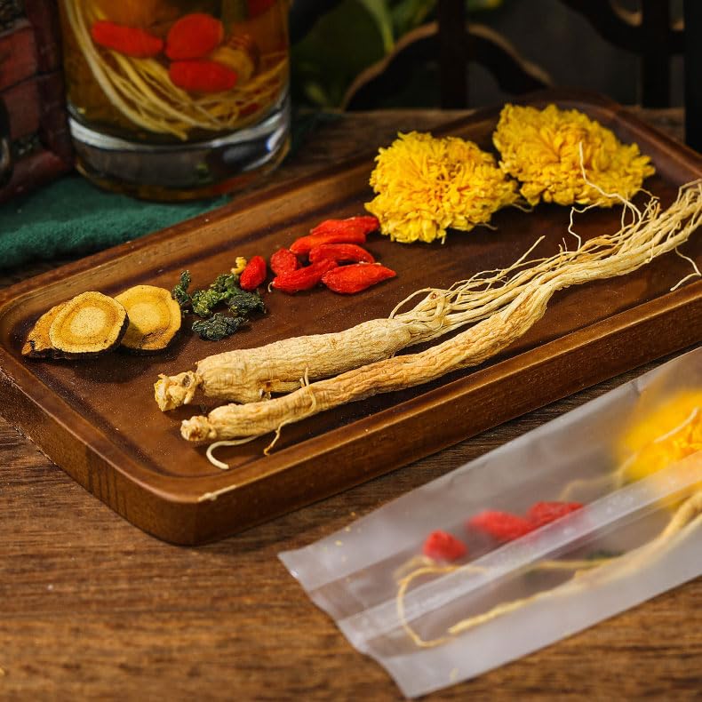 Five Treasures Tea Té de ginseng, té de ginseng, té de riñón, té de ginseng orgánico, té de bayas de crisantemo Goji, té Ren Shen (1 unidad)