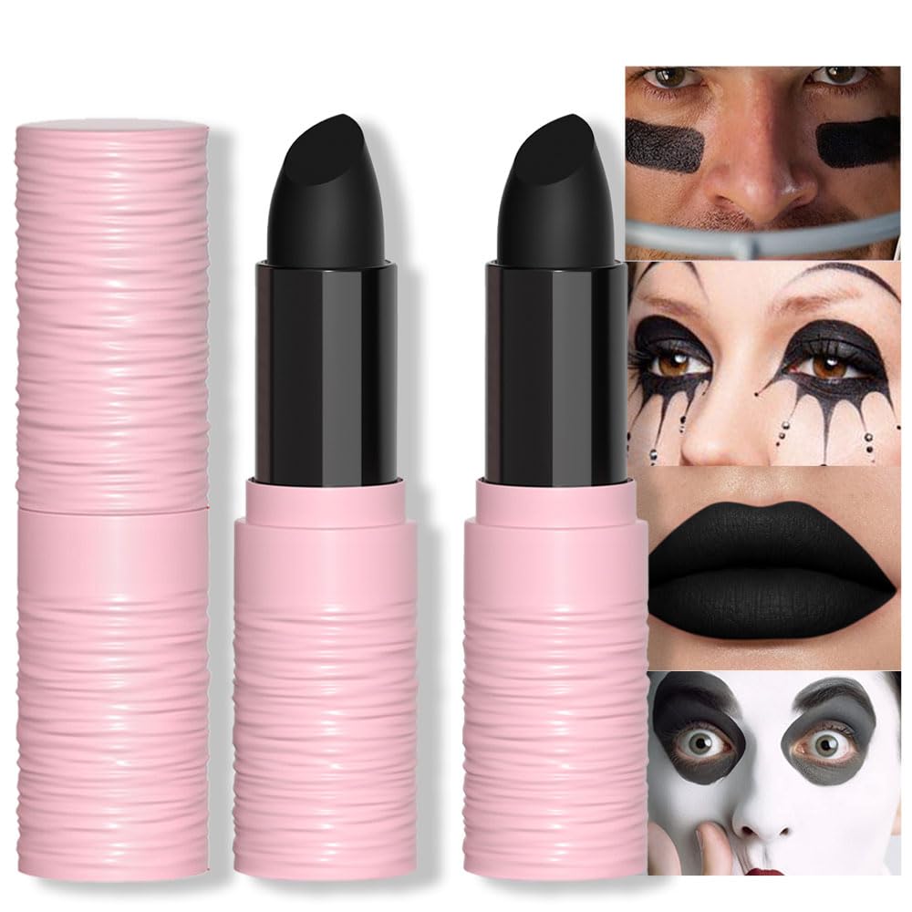 evpct Juego de 2 pintalabios negros Whtie mate para Halloween, pintura corporal y cara, juego de labios de alto impacto con fórmula cremosa