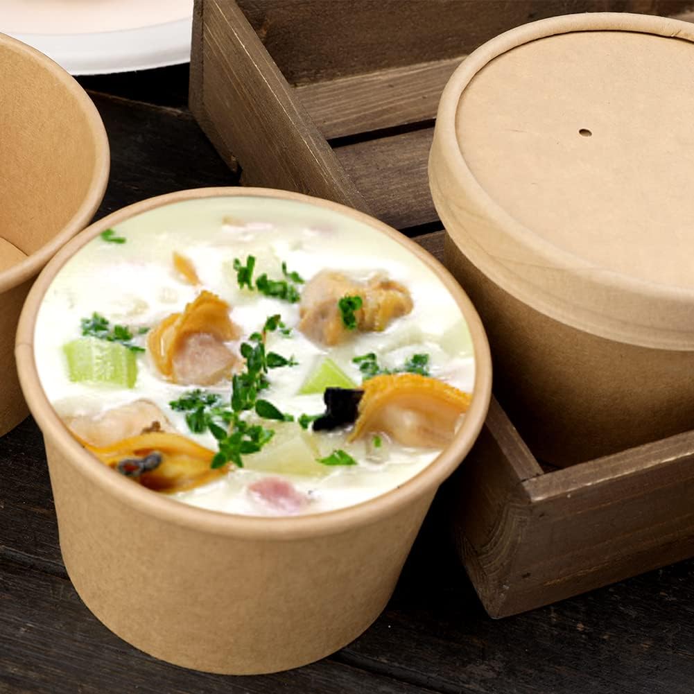 Paquete de 50 tazas de sopa de papel desechables de 8 onzas con tapas, recipientes de sopa de papel desechables, vasos de papel kraft para alimentos