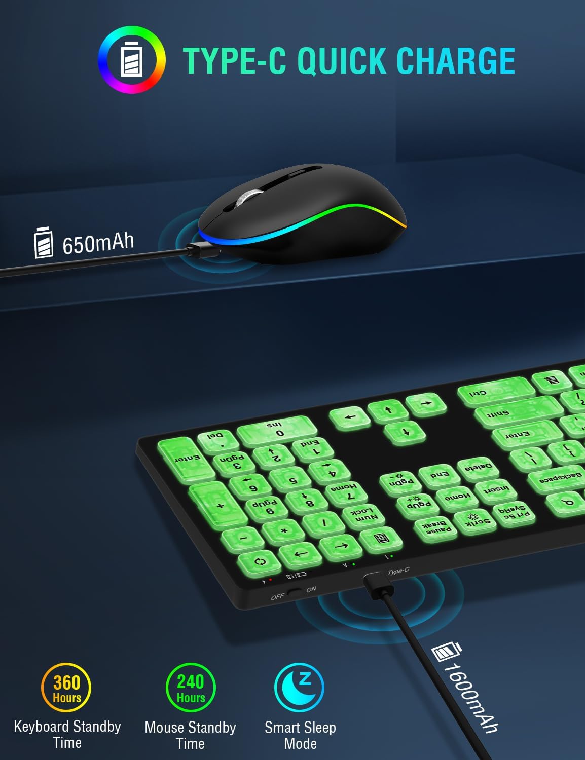 Combo de teclado y mouse inalámbricos, 7 efectos retroiluminados, teclado silencioso con mouse RGB, recargable, delgado, modo de sueño, juego de