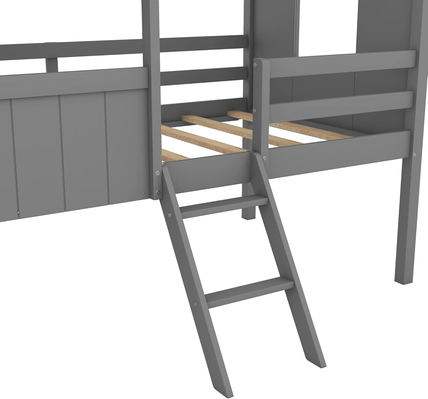 Cama individual para niños, marco de cama baja de madera con ventanas y techo, fácil montaje, para niñas y niños (gris + marrón)