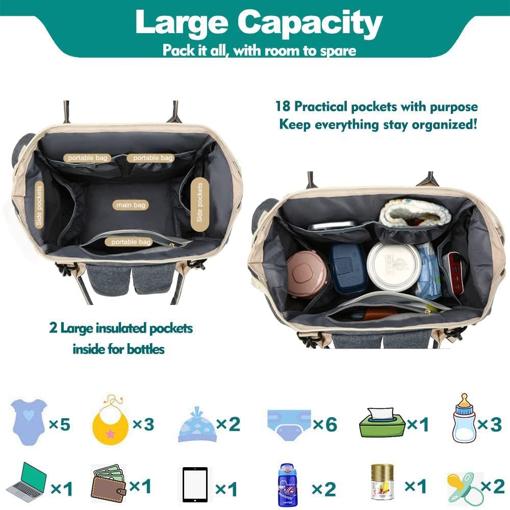 UISKOOPW Mochila para pañales, pañal para bebé, impermeable, bolsa de cambiador, mochila de viaje multifunción con correas para cochecito, Negro -,