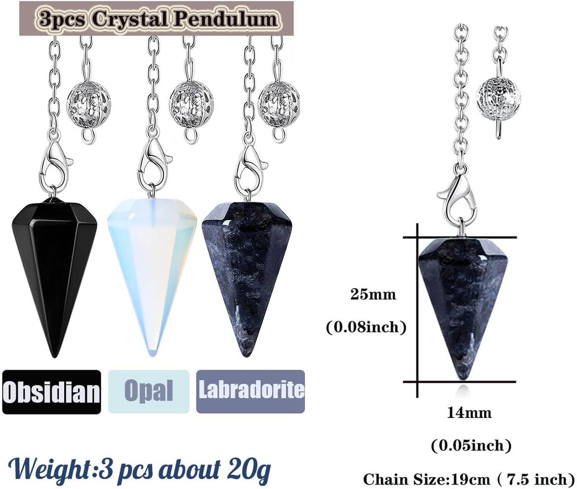 DUQGUHO Juego de 3 péndulos de cristal de brujería, accesorios Wiccan, herramientas de adivinación, ópalo natural, labradorita, obsidiana, cristal