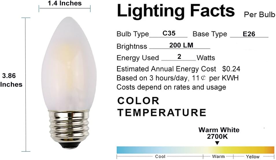 Bombilla LED C35 para candelabro, 2 W regulable, equivalente a incandescente de 25 W, luz blanca cálida de alto CRI, carcasa de vidrio esmerilado,